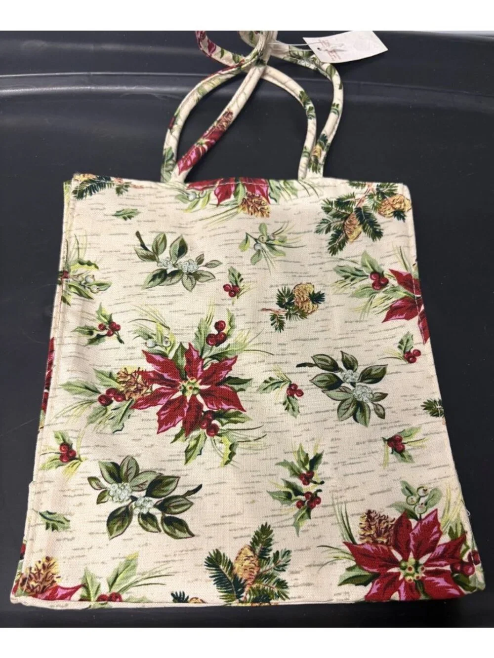 Longaberger Christmas Fabric Tote Gift Bag Embroidered Holiday Holly Pattern
